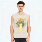 Unisex Printed Washed Meditating Sun Cat Tank Top