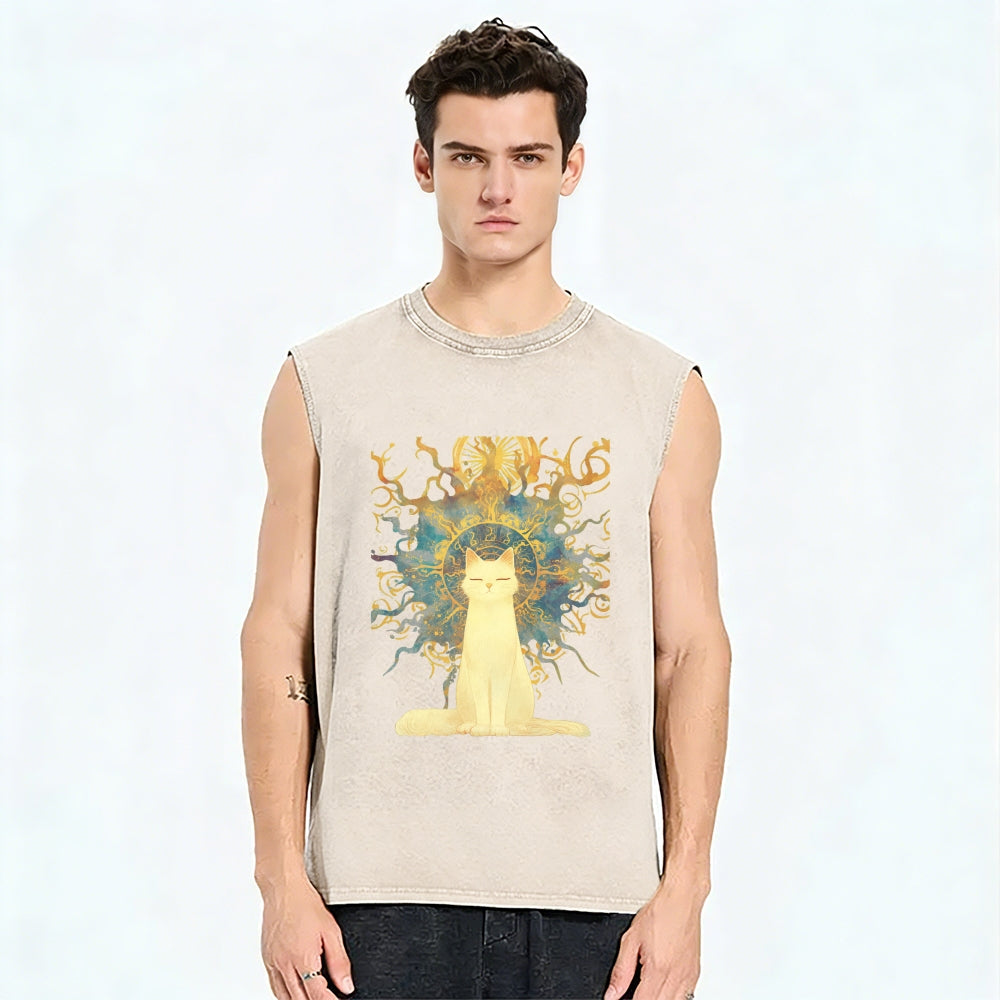 Unisex Printed Washed Meditating Sun Cat Tank Top