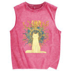 Unisex Printed Washed Meditating Sun Cat Tank Top
