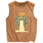 Unisex Printed Washed Meditating Sun Cat Tank Top