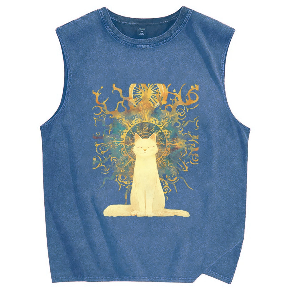 Unisex Printed Washed Meditating Sun Cat Tank Top
