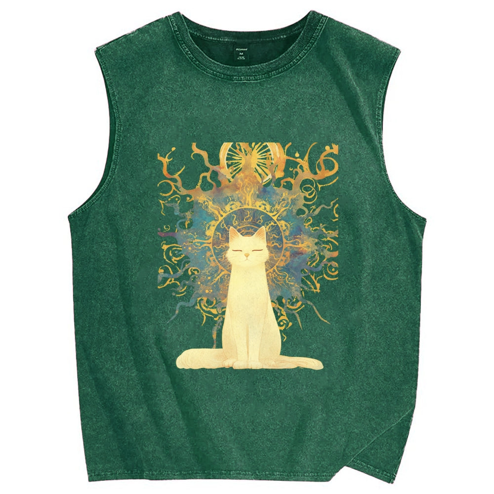 Unisex Printed Washed Meditating Sun Cat Tank Top