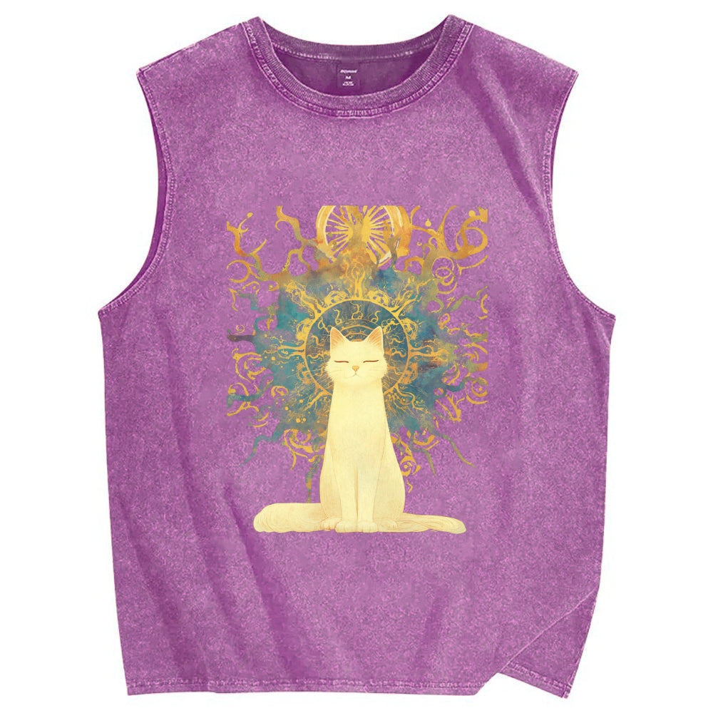 Unisex Printed Washed Meditating Sun Cat Tank Top