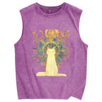 Unisex Printed Washed Meditating Sun Cat Tank Top