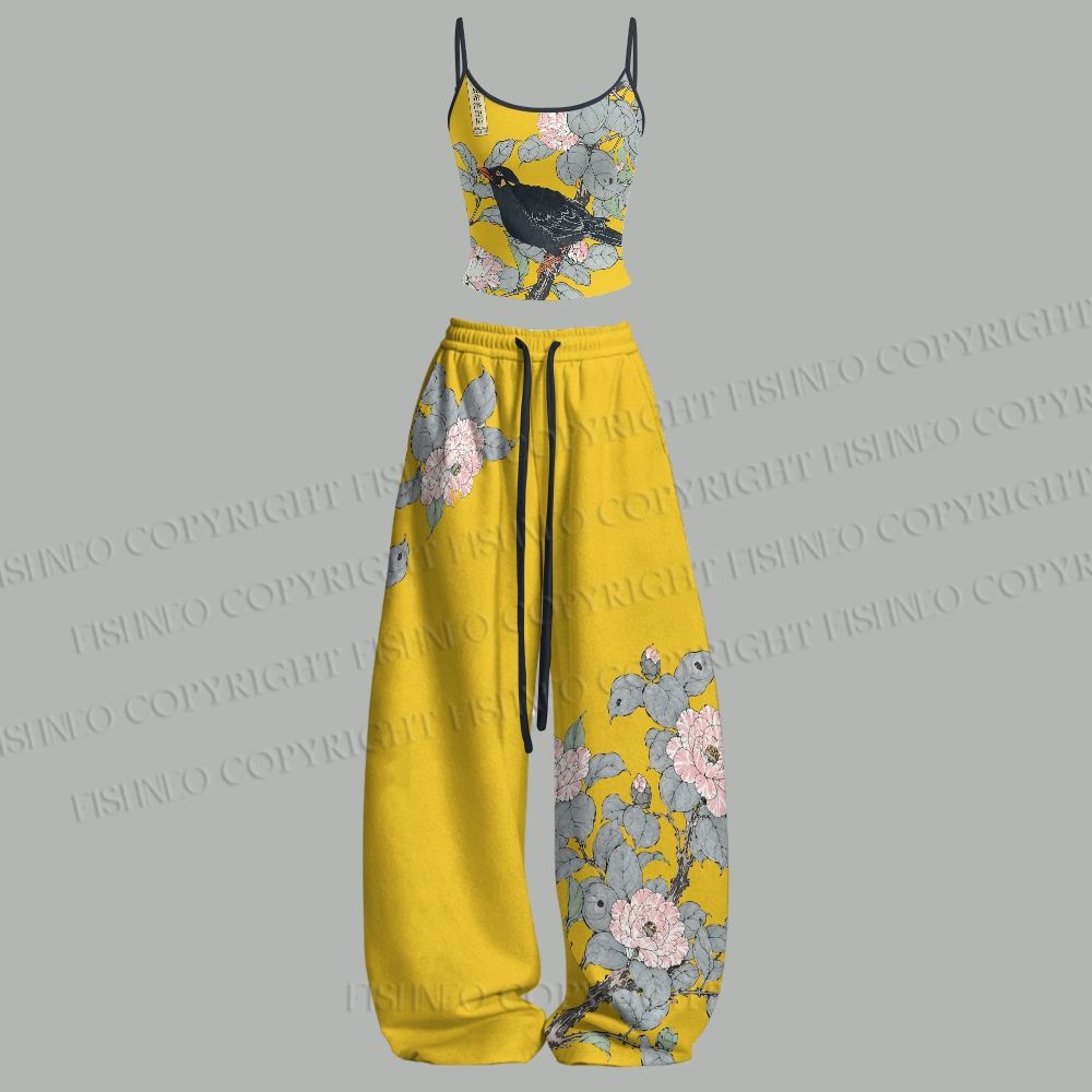 Vintage Bird in Flowers Top & Elasticated Trousers Two-Piece Set