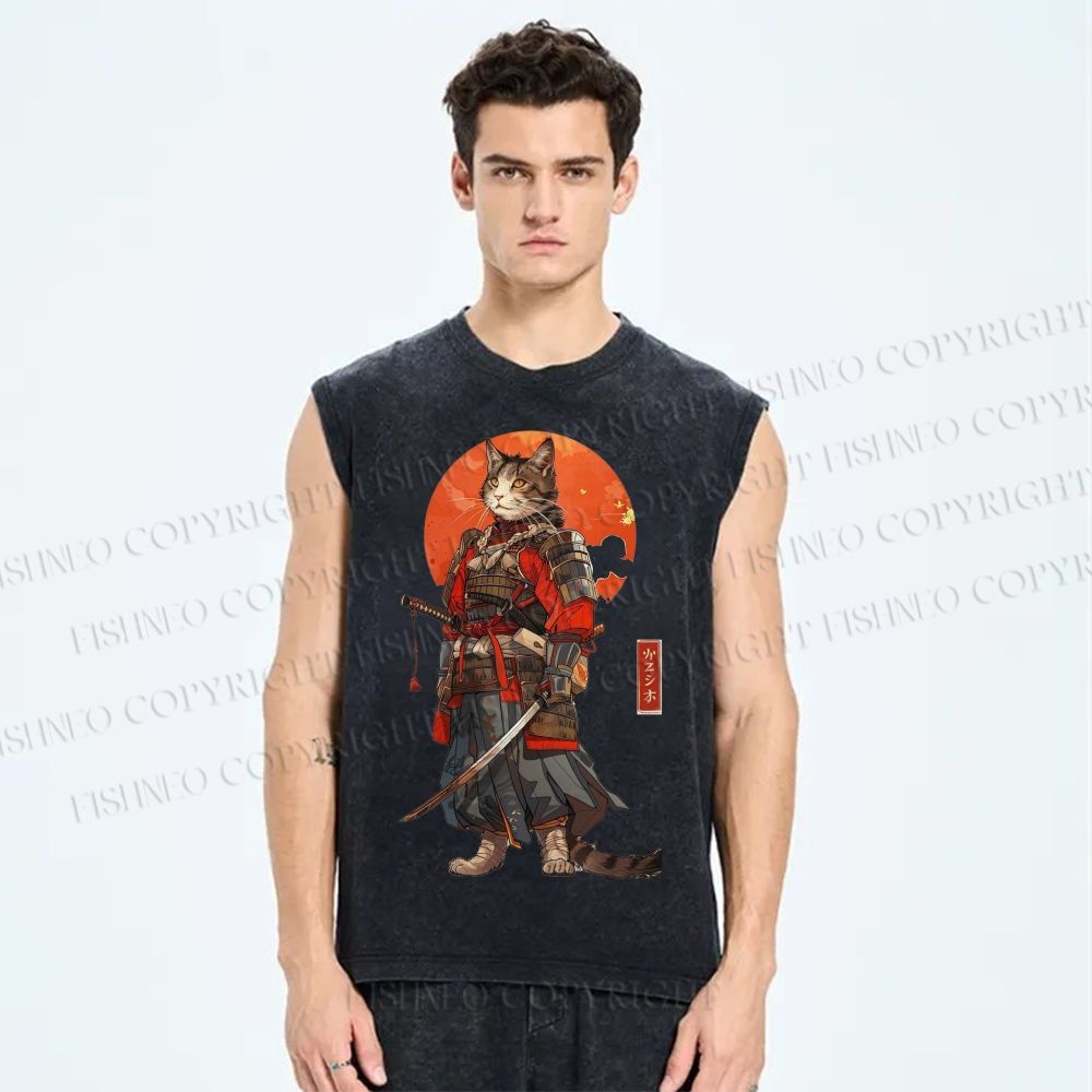 Unisex Printed Washed  Cat Tank Top