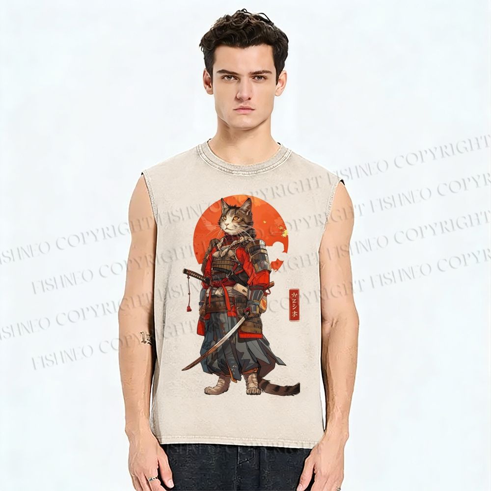 Unisex Printed Washed  Cat Tank Top