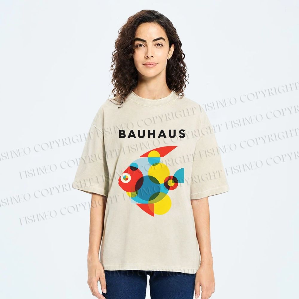 Unisex Bauhaus Fish Printed Washed Tee