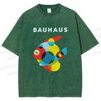 Unisex Bauhaus Fish Printed Washed Tee