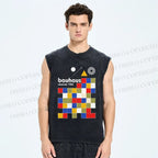 Unisex Bauhaus Colored Squares Printed Washed Tank Top
