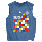 Unisex Bauhaus Colored Squares Printed Washed Tank Top