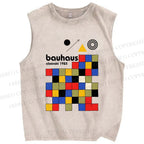 Unisex Bauhaus Colored Squares Printed Washed Tank Top