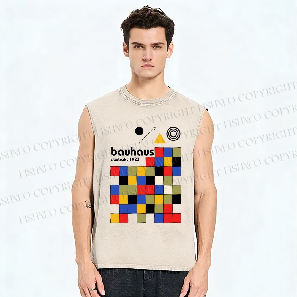 Unisex Bauhaus Colored Squares Printed Washed Tank Top