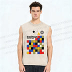 Unisex Bauhaus Colored Squares Printed Washed Tank Top