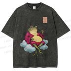 Unisex Smoking Frog Printed Washed Tee