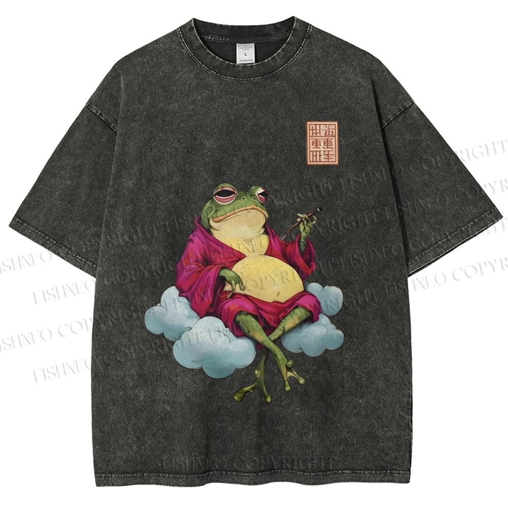 Unisex Smoking Frog Printed Washed Tee