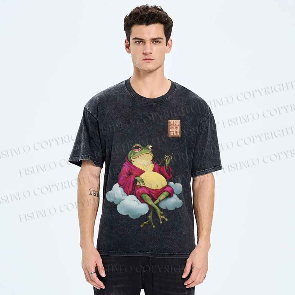Unisex Smoking Frog Printed Washed Tee