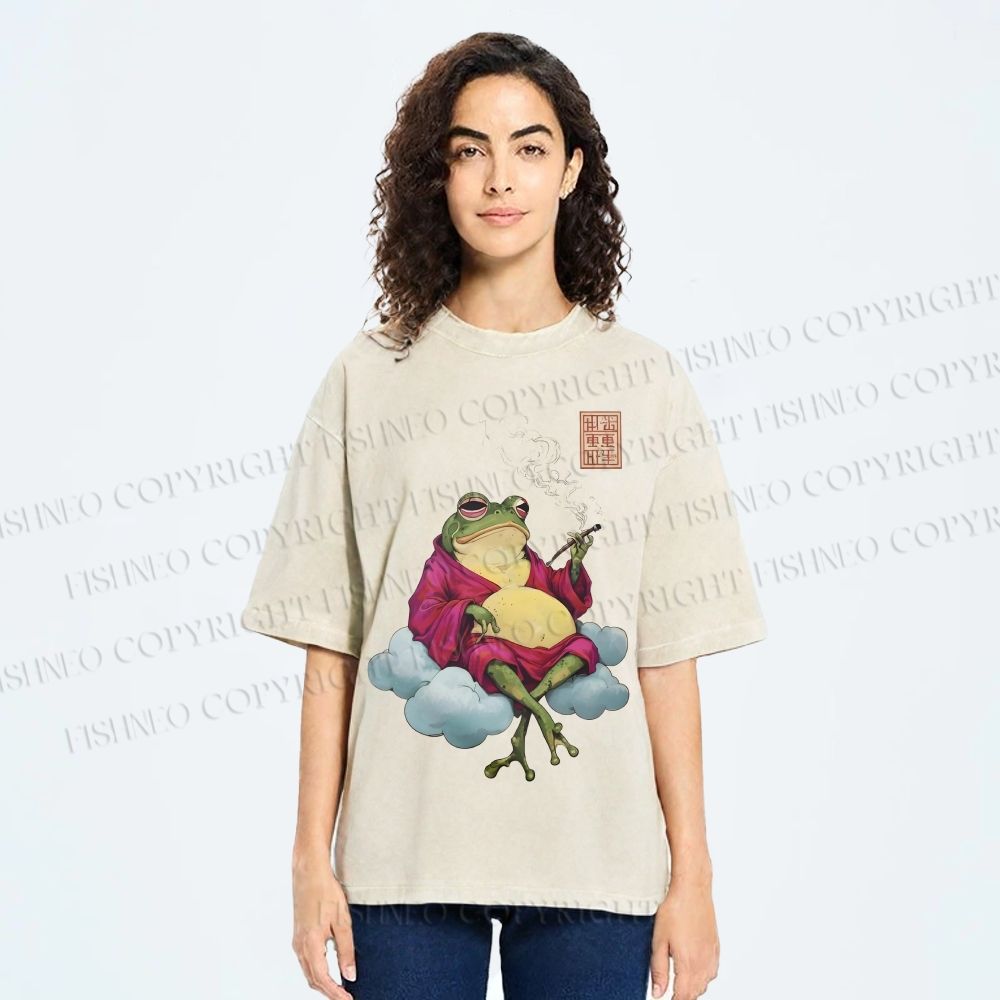 Unisex Smoking Frog Printed Washed Tee