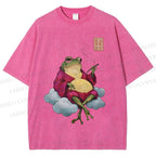 Unisex Smoking Frog Printed Washed Tee