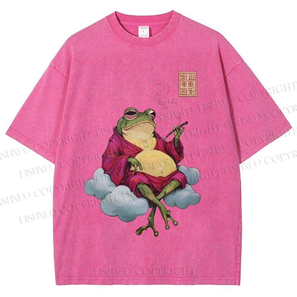 Unisex Smoking Frog Printed Washed Tee