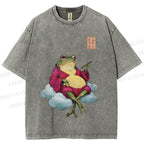 Unisex Smoking Frog Printed Washed Tee