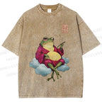 Unisex Smoking Frog Printed Washed Tee