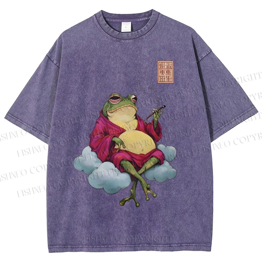 Unisex Smoking Frog Printed Washed Tee