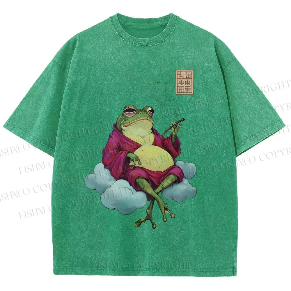 Unisex Smoking Frog Printed Washed Tee