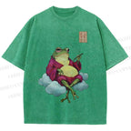Unisex Smoking Frog Printed Washed Tee