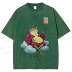 Unisex Smoking Frog Printed Washed Tee