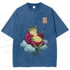 Unisex Smoking Frog Printed Washed Tee