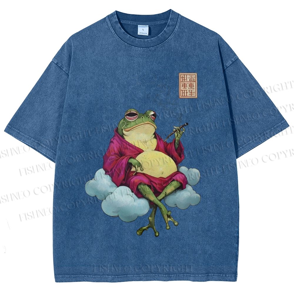 Unisex Smoking Frog Printed Washed Tee
