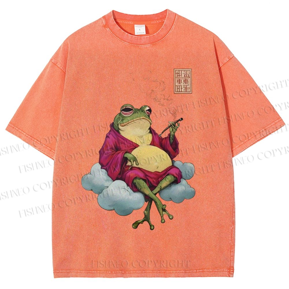 Unisex Smoking Frog Printed Washed Tee