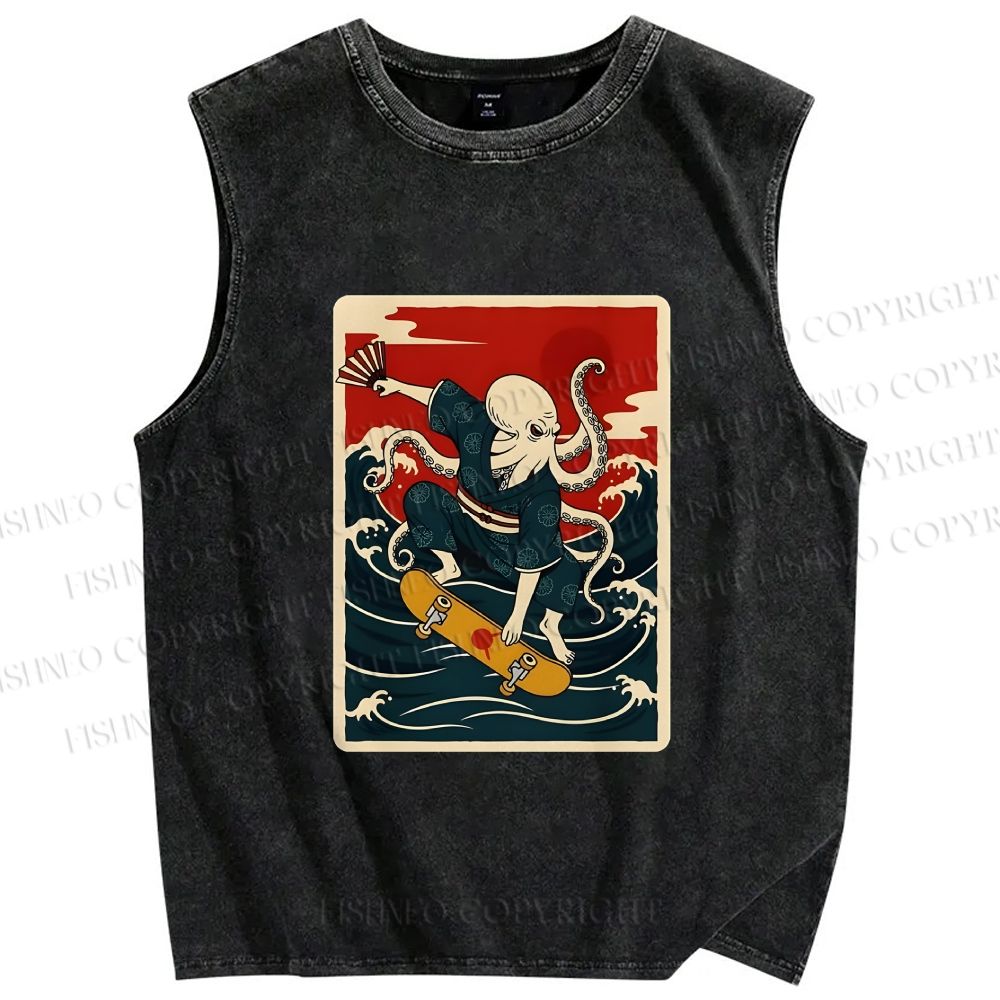 Unisex Skateboarding Octopus Printed Washed Tank Top