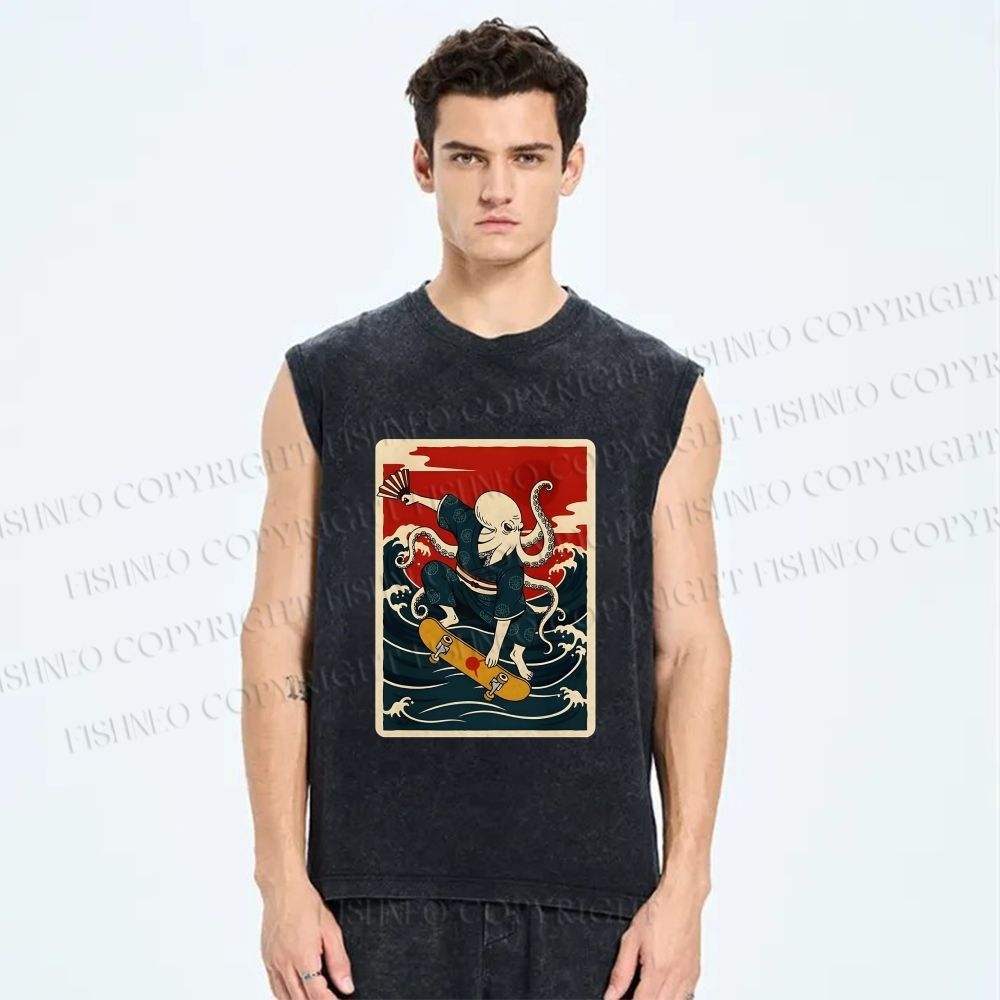 Unisex Skateboarding Octopus Printed Washed Tank Top