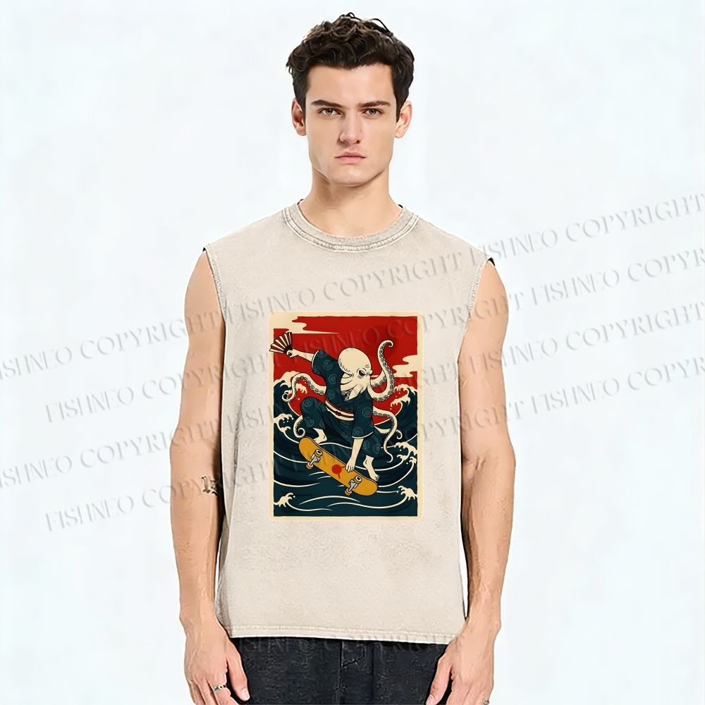 Unisex Skateboarding Octopus Printed Washed Tank Top