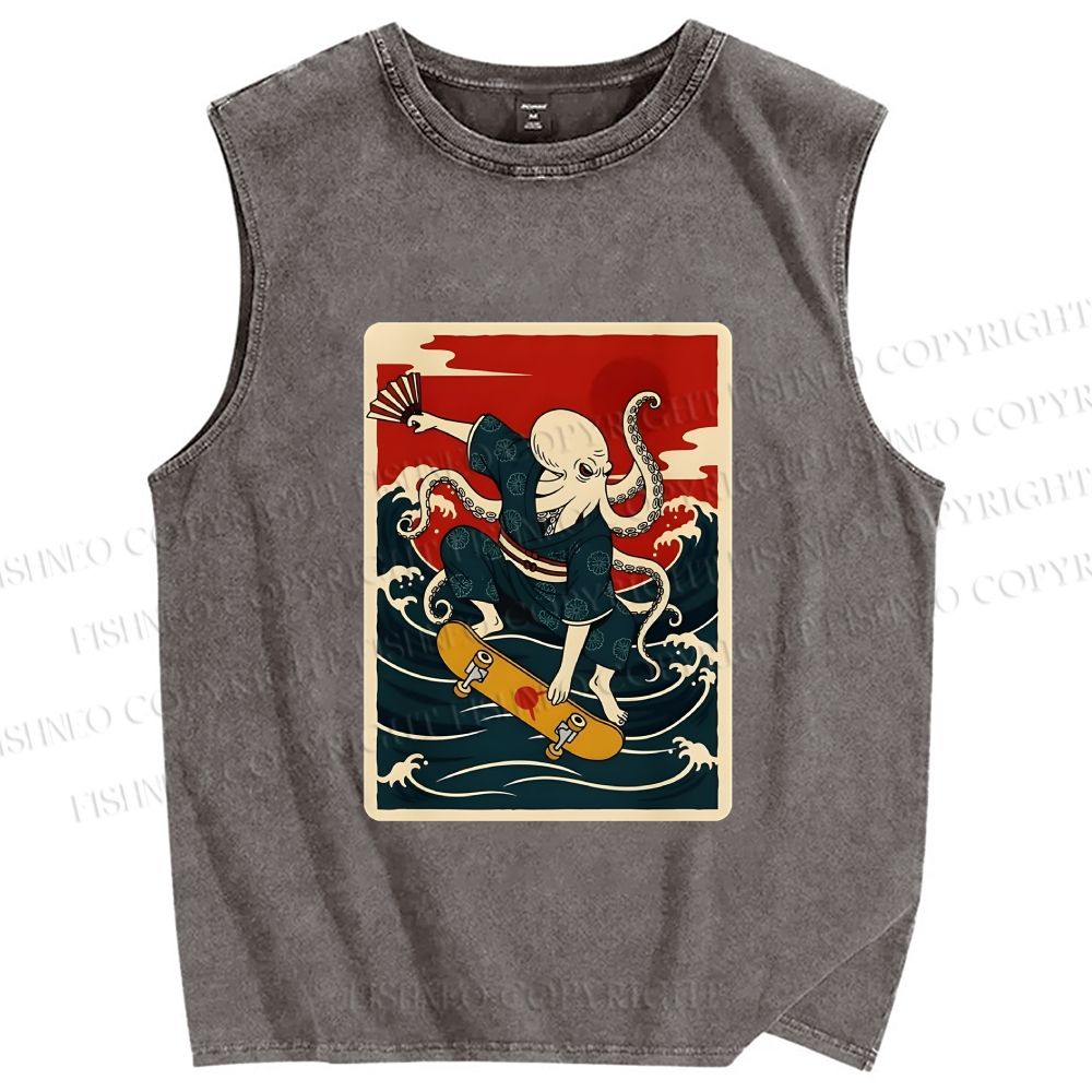 Unisex Skateboarding Octopus Printed Washed Tank Top