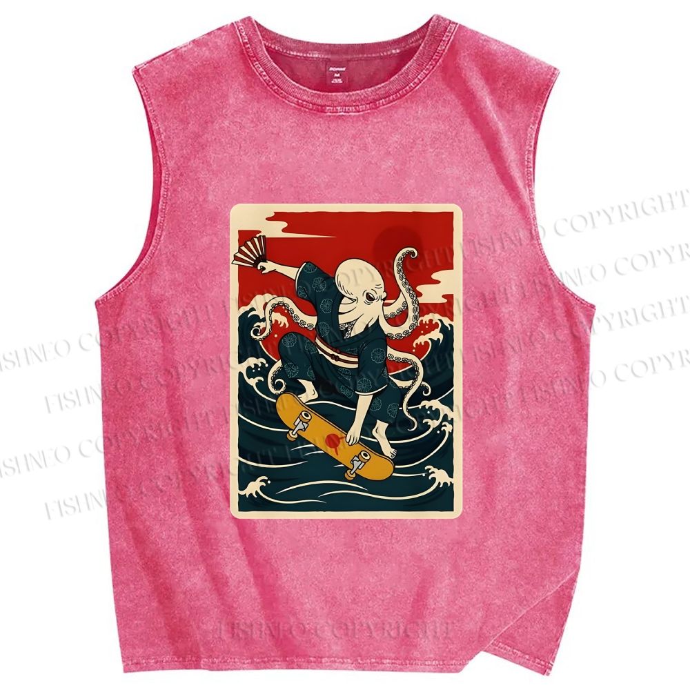 Unisex Skateboarding Octopus Printed Washed Tank Top