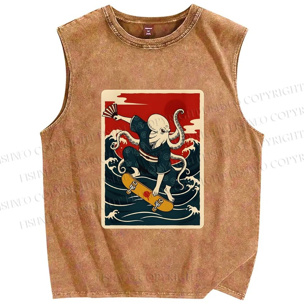 Unisex Skateboarding Octopus Printed Washed Tank Top