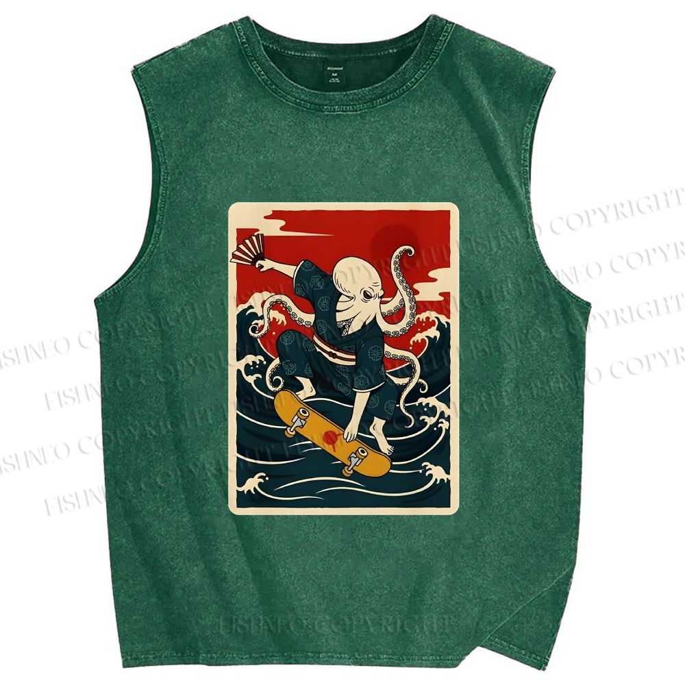 Unisex Skateboarding Octopus Printed Washed Tank Top