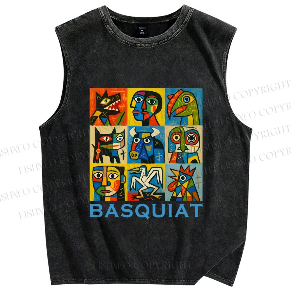 Unisex Basquiat Art Poster Printed Washed Tank Top