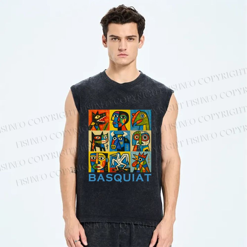 Unisex Basquiat Art Poster Printed Washed Tank Top