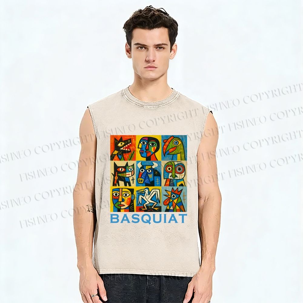 Unisex Basquiat Art Poster Printed Washed Tank Top