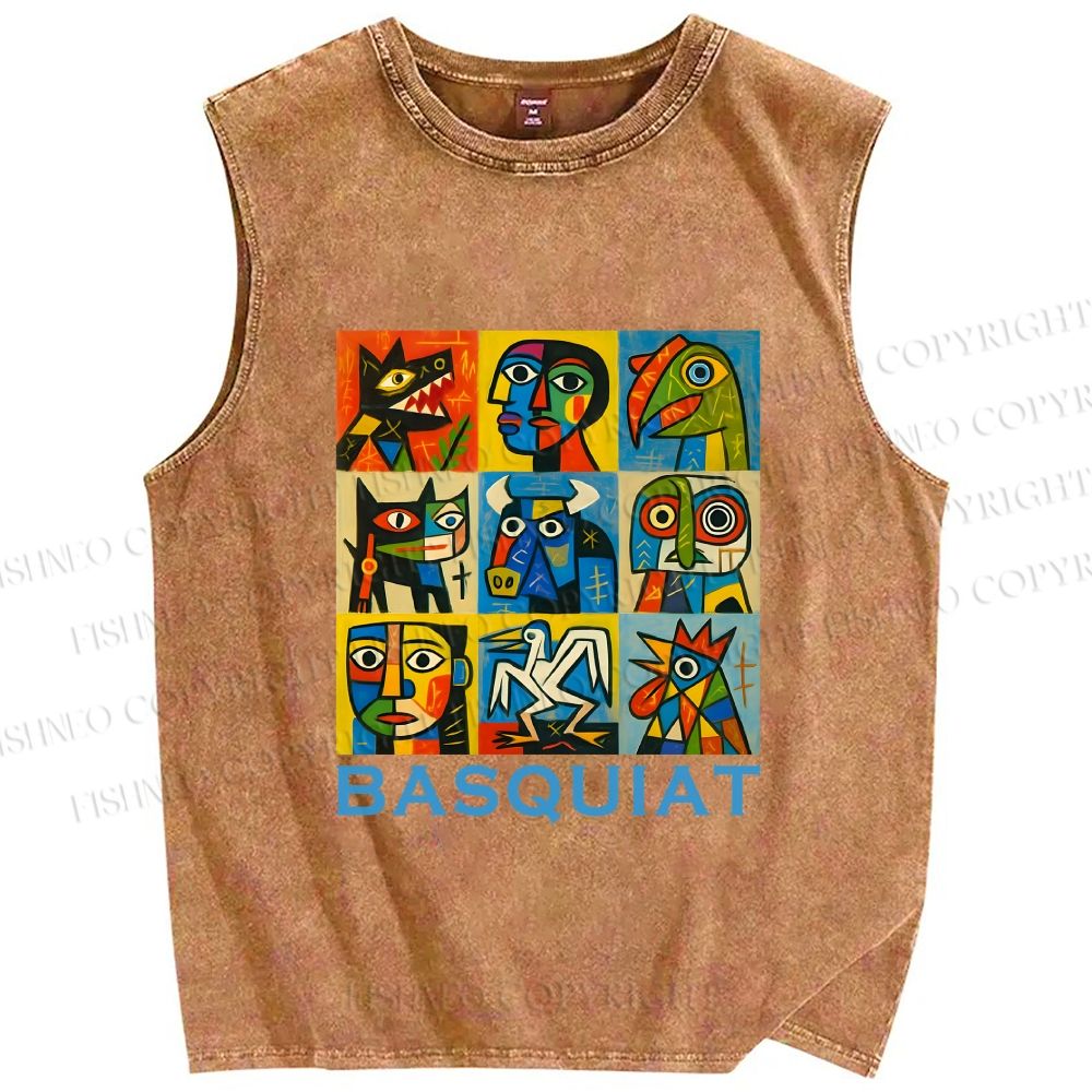 Unisex Basquiat Art Poster Printed Washed Tank Top