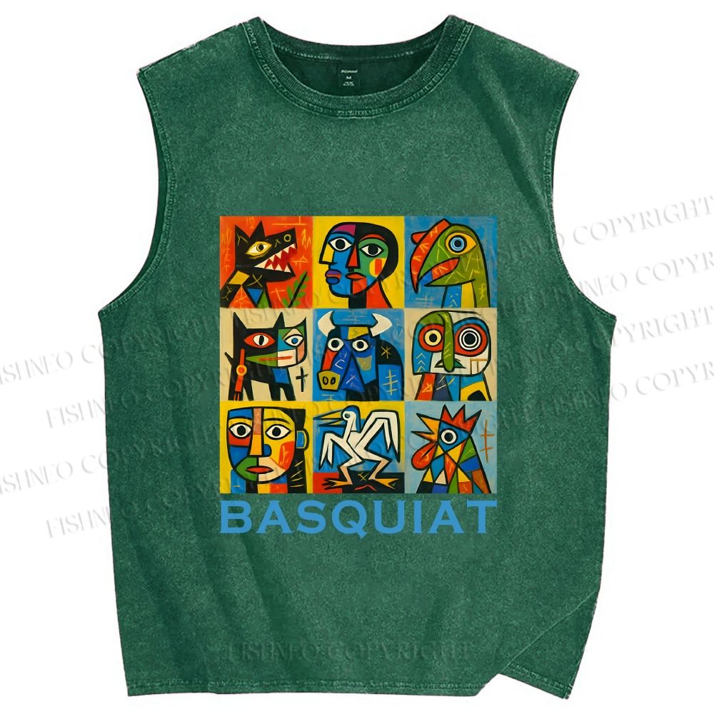 Unisex Basquiat Art Poster Printed Washed Tank Top