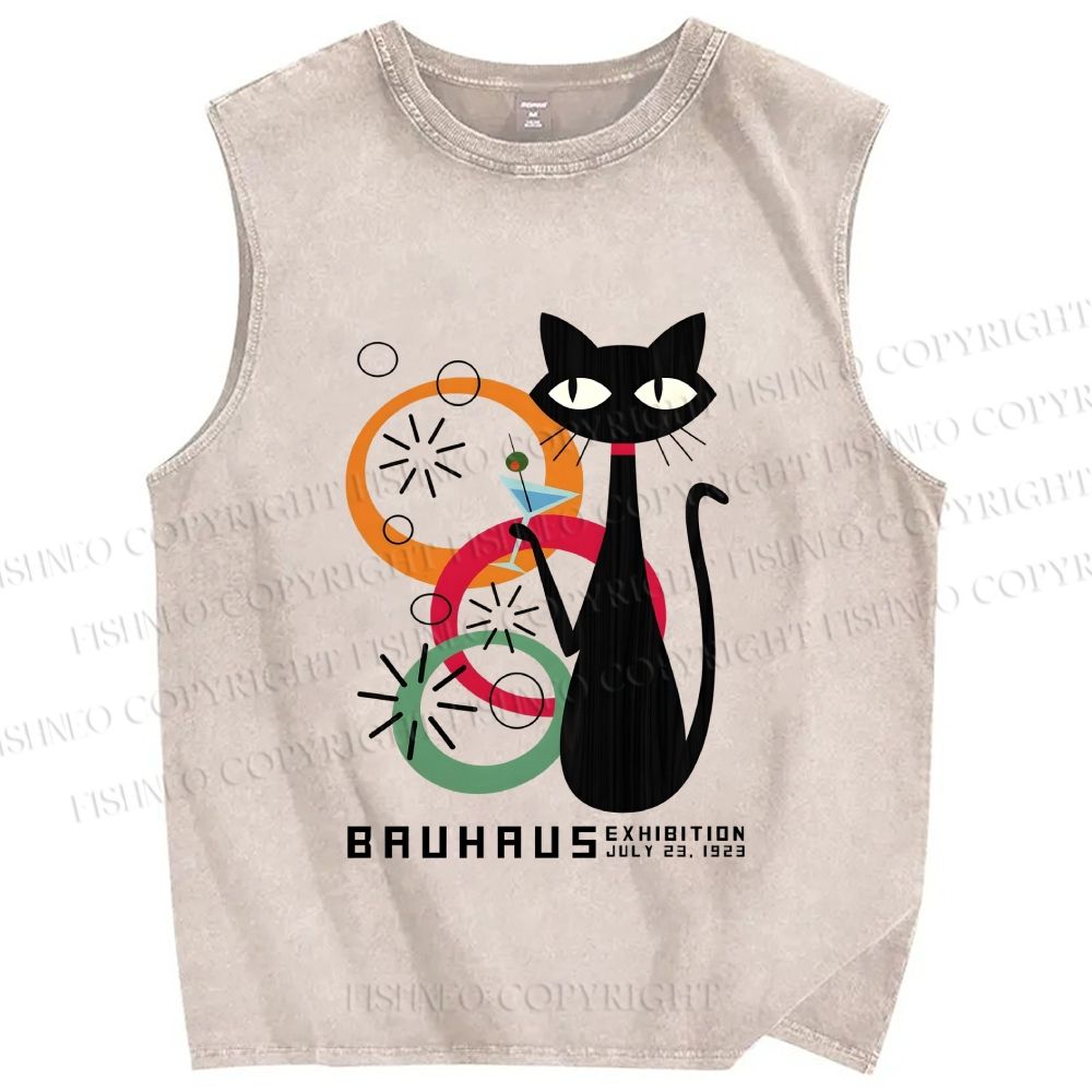 Unisex Bauhaus Black Cat Drinking Printed Washed Tank Top