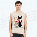 Unisex Bauhaus Black Cat Drinking Printed Washed Tank Top