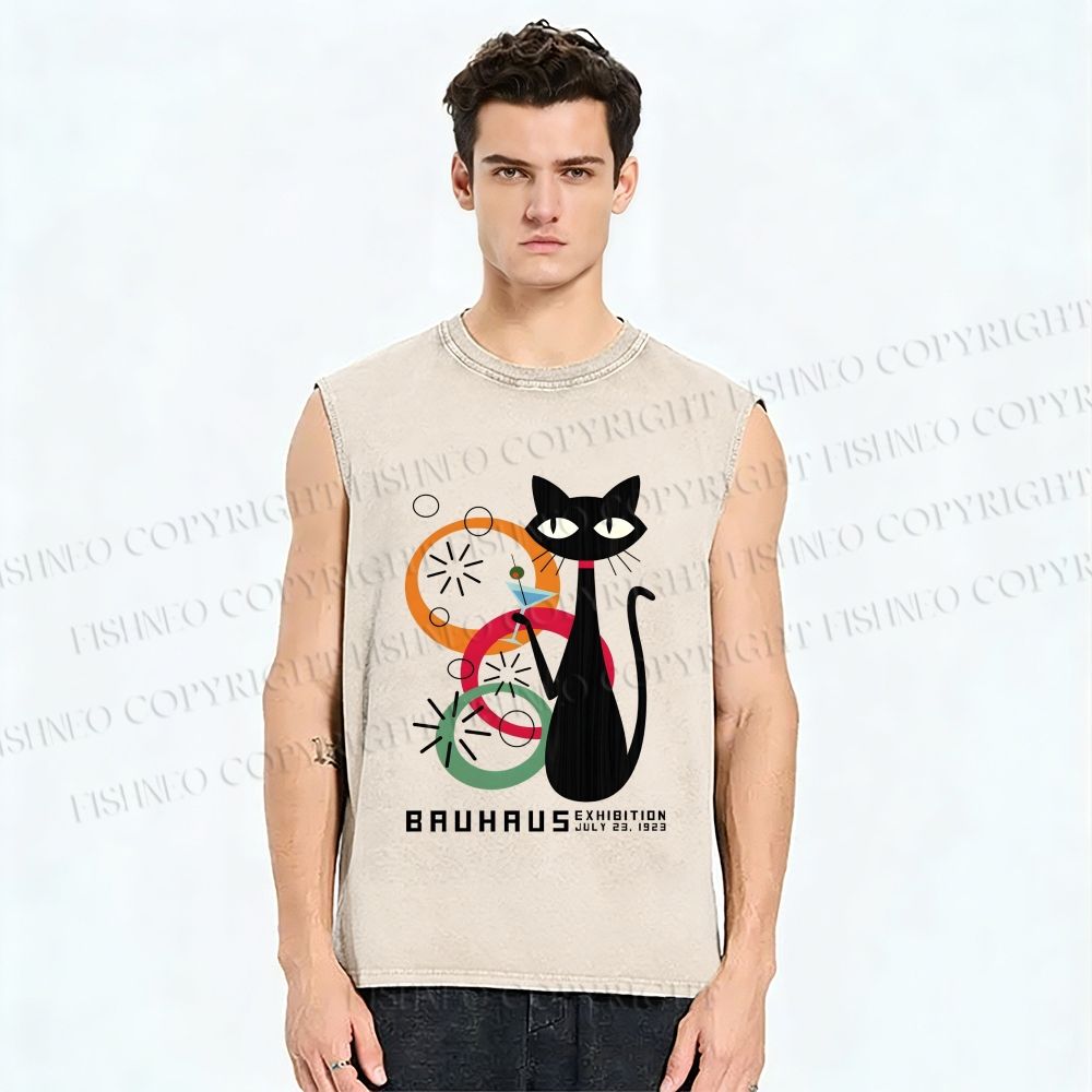 Unisex Bauhaus Black Cat Drinking Printed Washed Tank Top