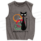 Unisex Bauhaus Black Cat Drinking Printed Washed Tank Top