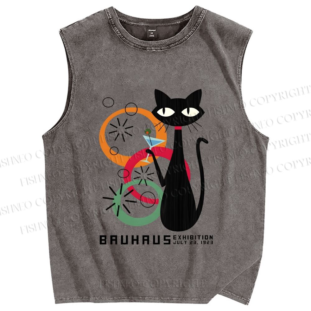 Unisex Bauhaus Black Cat Drinking Printed Washed Tank Top